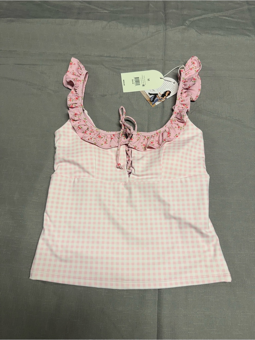 Blogilates Pink Ruffle Lace up Tank Top with removeable padding